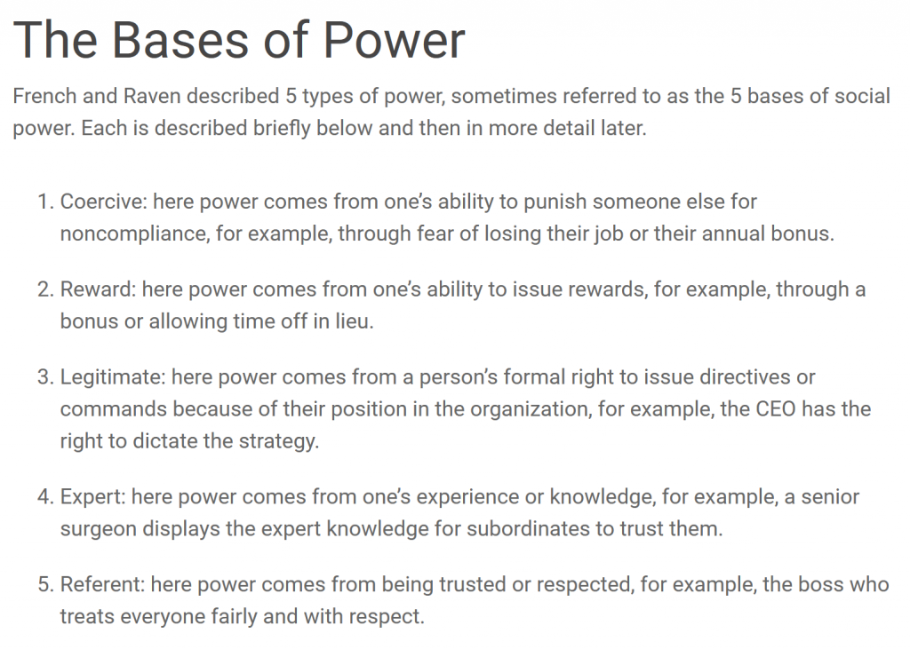 Image that says The Bases Of Power and explains 5 power types